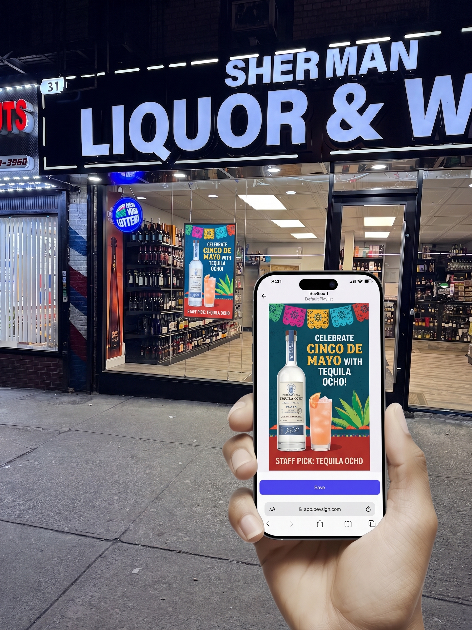 BevSign app on a phone showing a Tequila Ocho Cinco de Mayo promotion, matching the digital screen in the storefront window of an NYC liquor store